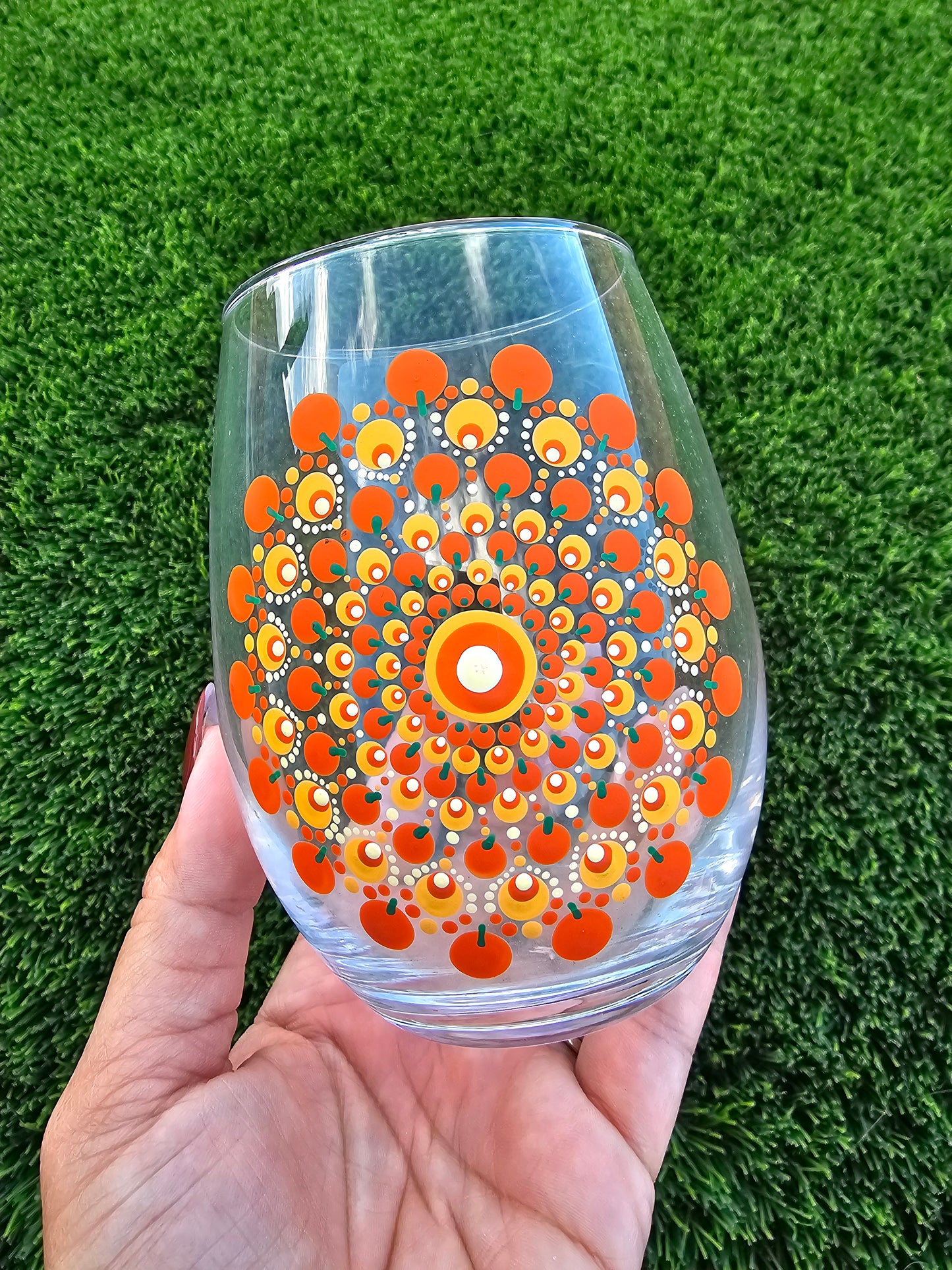 Hand-Painted Pumpkin Mandala Wine Glass – Fall & Halloween Drinkware