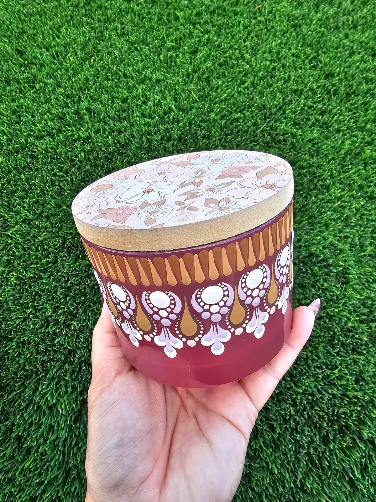 Hand Painted Upcycled Dot Mandala Stash Jar with Soft Autumn Floral Lid