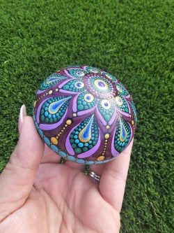 Hand-Painted Dot Mandala Sphere Stone - Purple, Teal, Gold Meditation Stone Peacock Colors