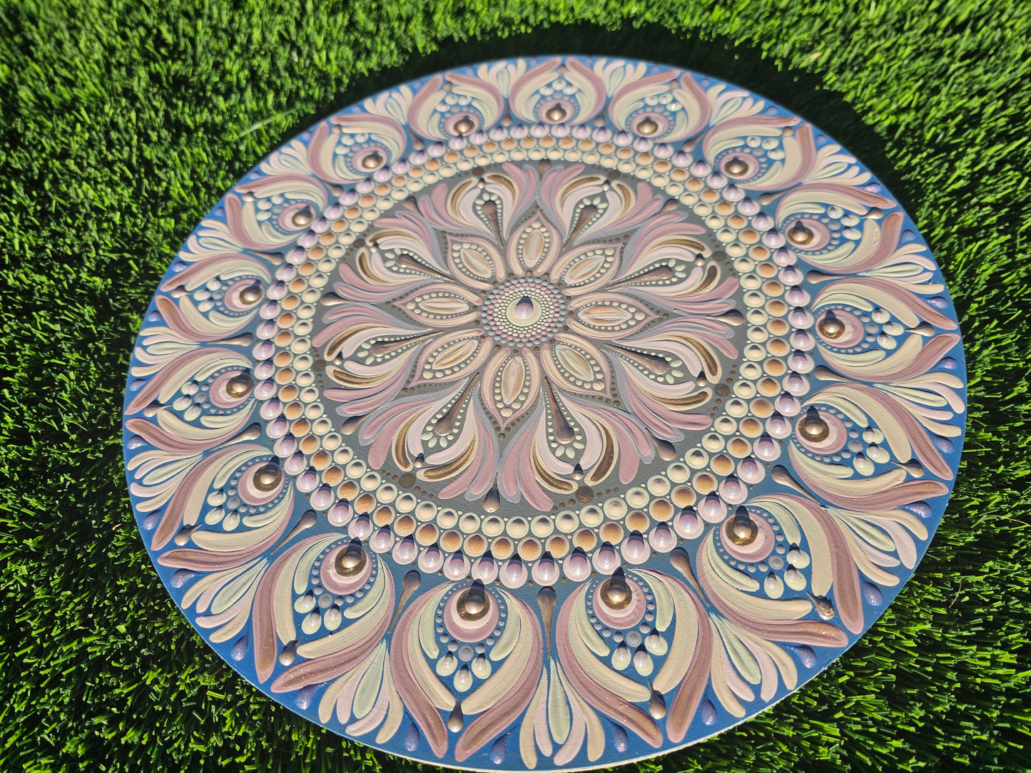 12” Blue Ombre Dot Mandala Wall Art on Wood | Neutral Pastel Mandala Decor | Hand Painted Boho Luxe Wall Hanging | Textured Meditation Art