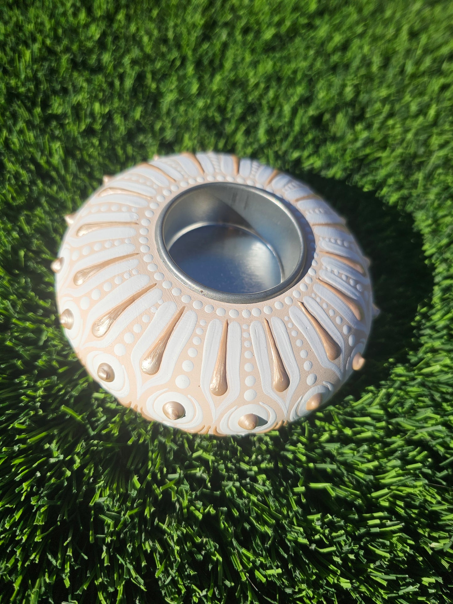 Handmade Neutral Textured Tea Light Candle Holder | Hand-Plastered & Hand-Painted Stone Decor | Minimalist Home Accent