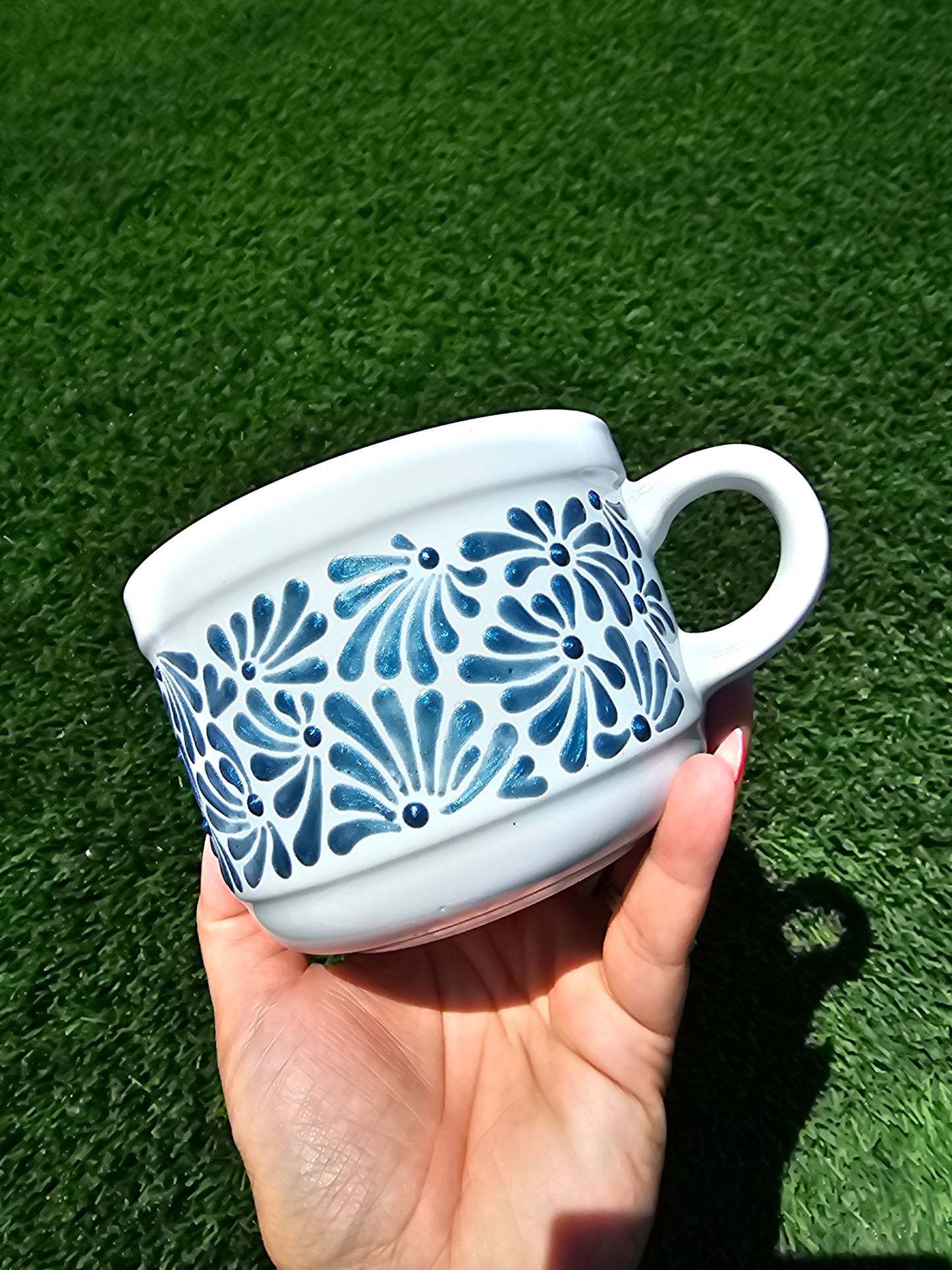 Hand Painted Textured Ceramic Mug - Blue Shimmer Floral Design, Low Profile Coffee Cup