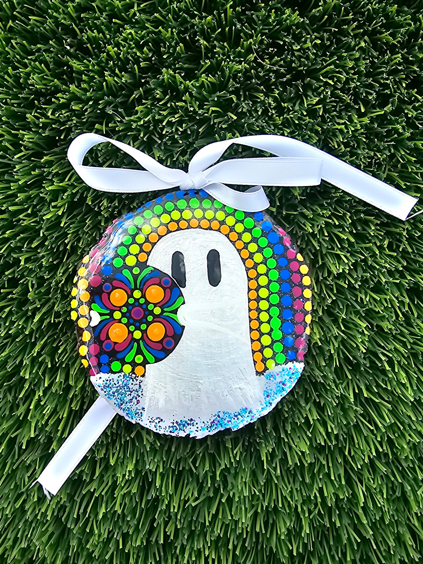 Ghost Buddy’s Psychedelic Dot Mandala Resin Ornament Natural Wood Slice