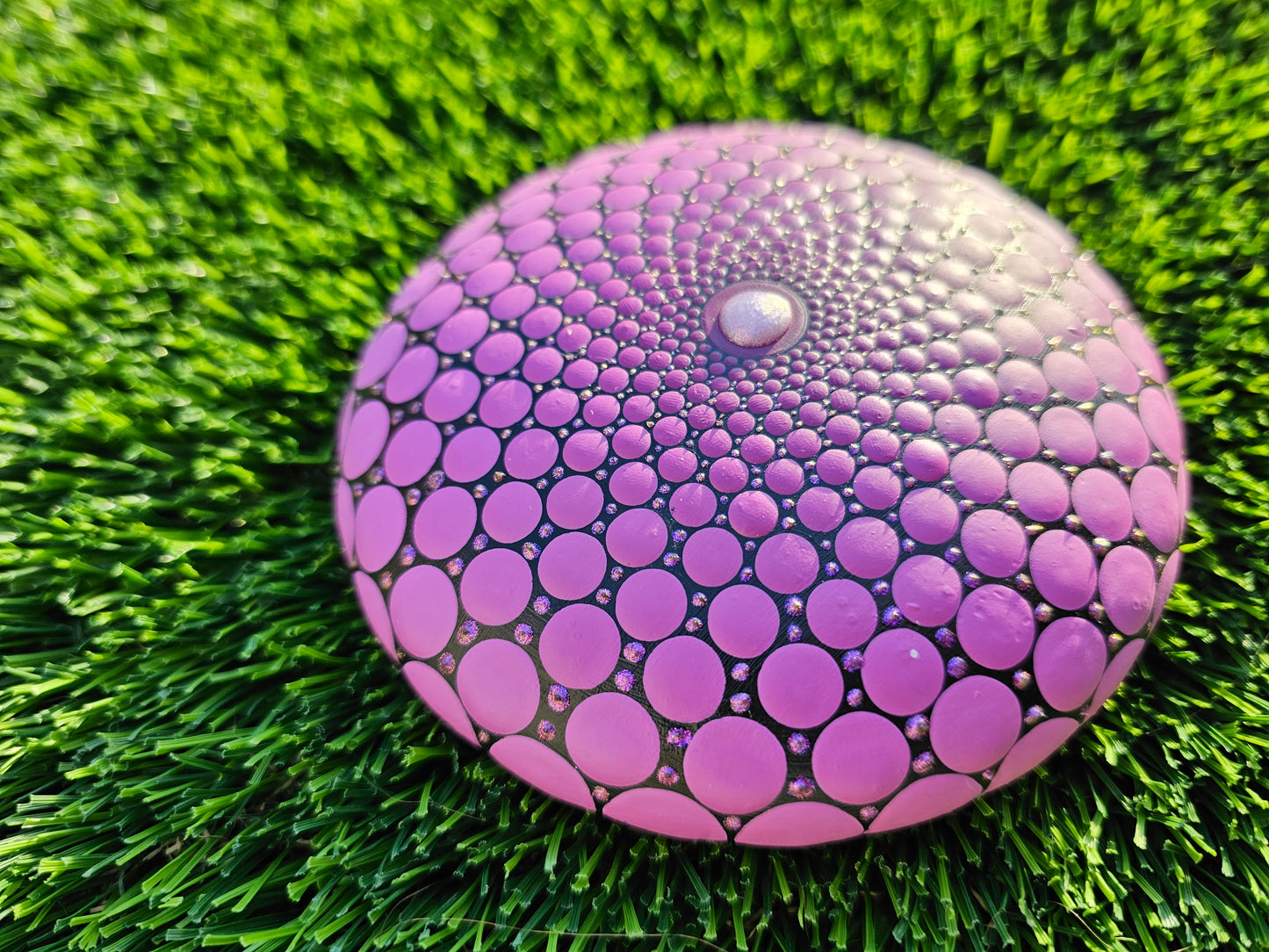 5-Inch Sacred Geometry Stone – Purple Gradient, Metallic Shimmer, 3D Center, Microdot Art
