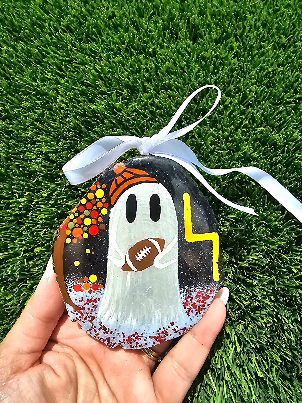 Ghost Buddy's Fall Football Fun Resin Ornament Natural Wood Slice