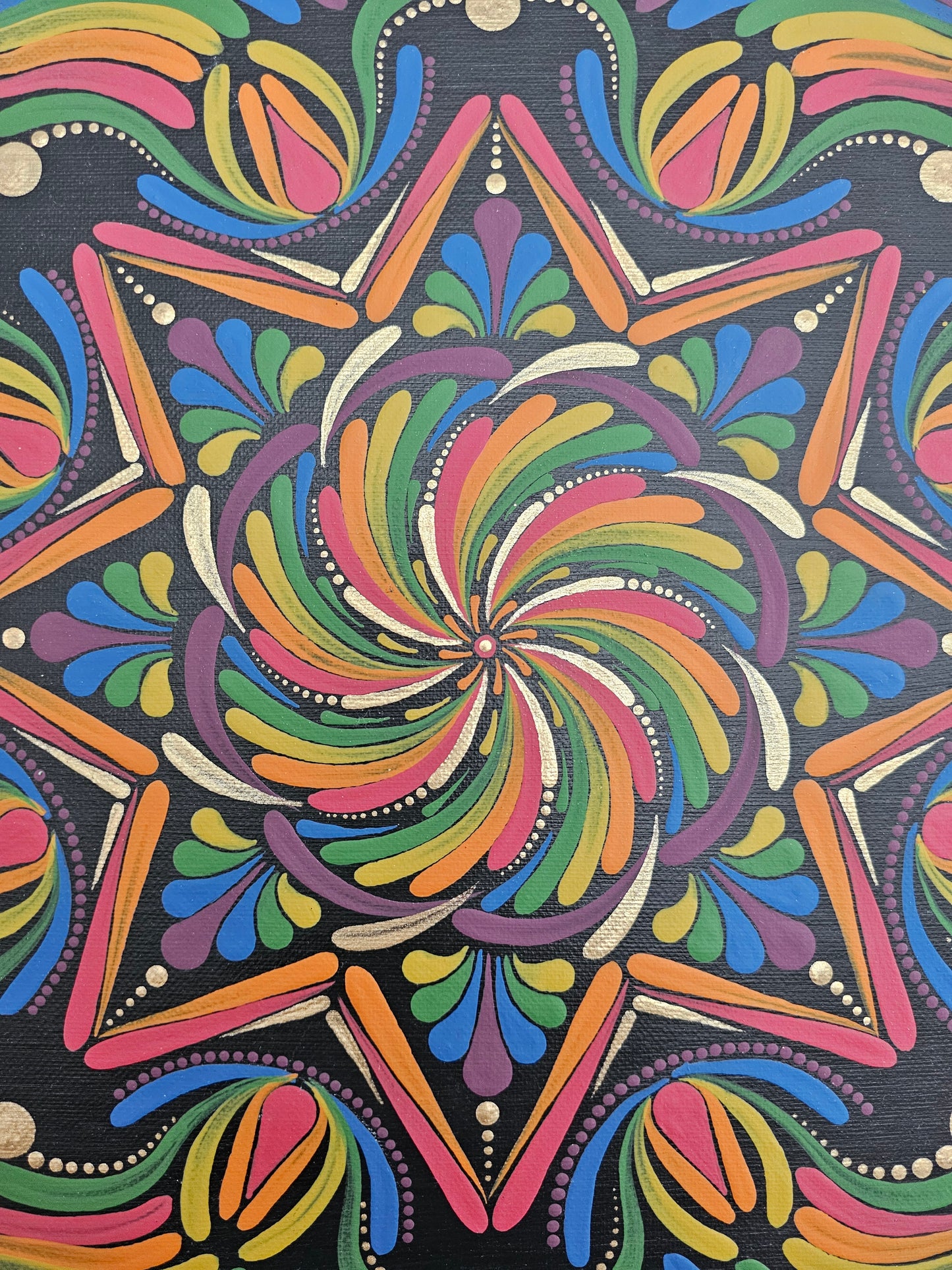 12” Rainbow Mandala Canvas Art | Hand Painted Dot Mandala | Colorful Boho Wall Decor | Black Background | Sacred Geometry Art
