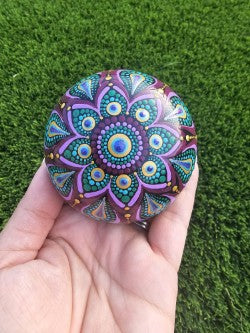 Hand-Painted Dot Mandala Sphere Stone - Purple, Teal, Gold Meditation Stone Peacock Colors