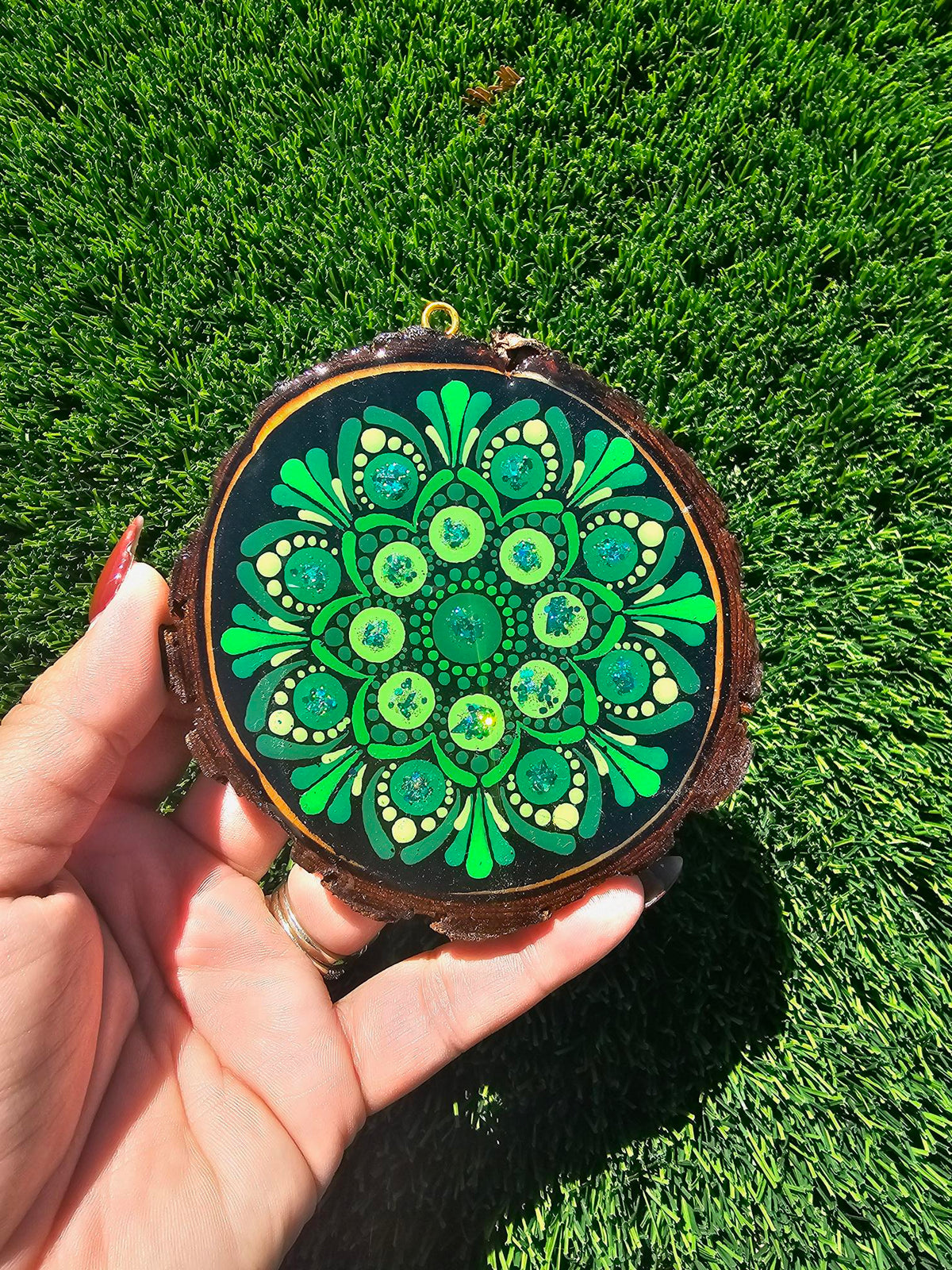 Green Glitter Dot Mandala Christmas Ornament | Hand-Painted Wood Ornament