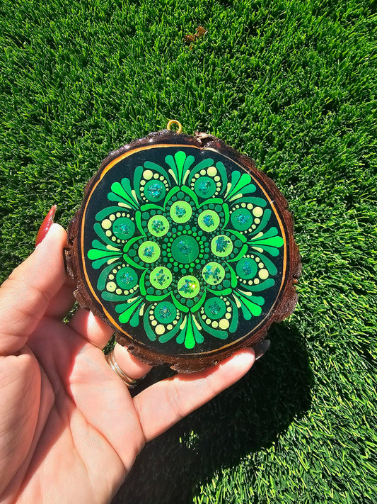 Green Glitter Dot Mandala Christmas Ornament | Hand-Painted Wood Ornament