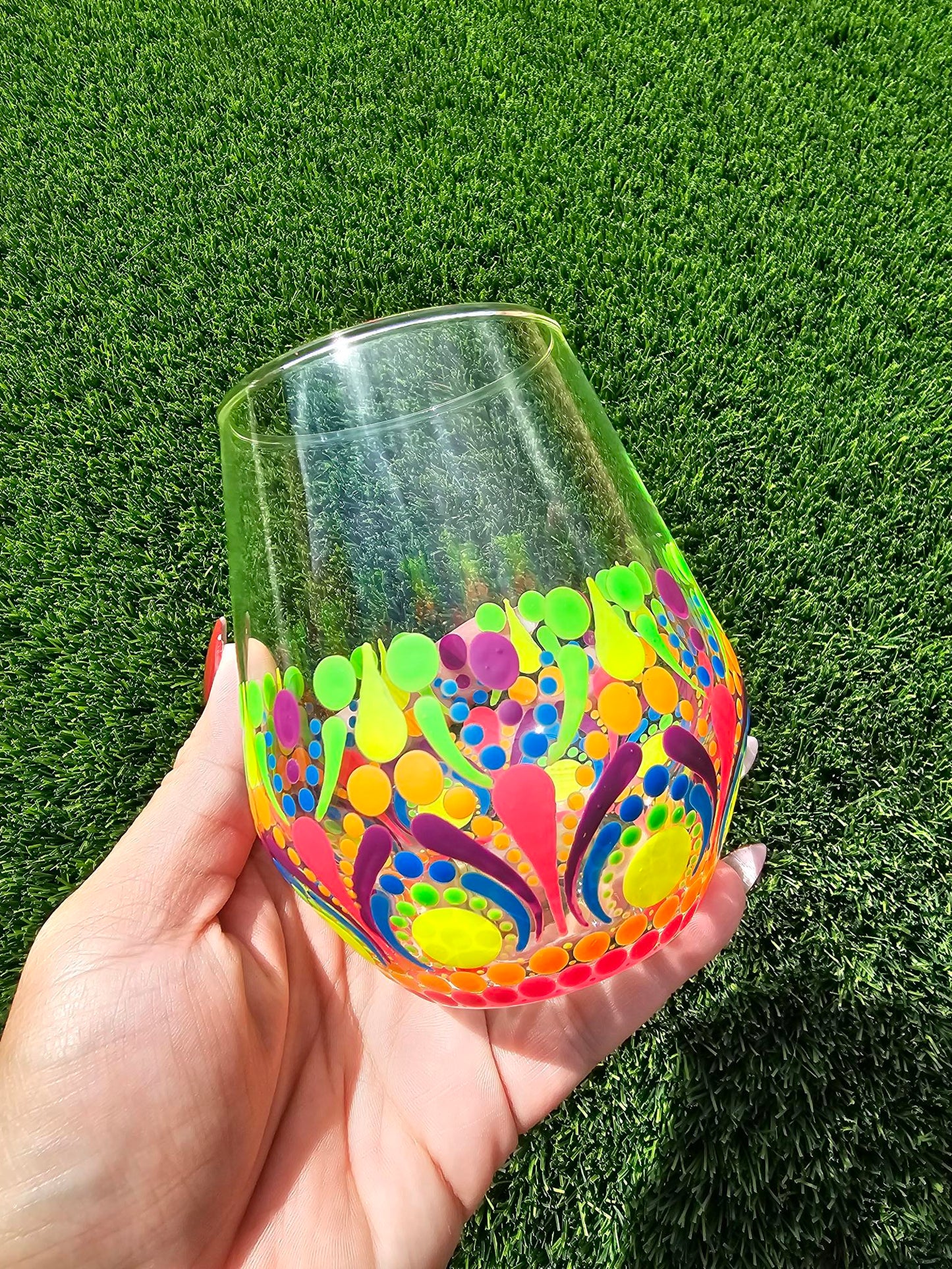 Neon UV Reactive Dot Mandala Wine Glass – Hand-Painted Glow Art