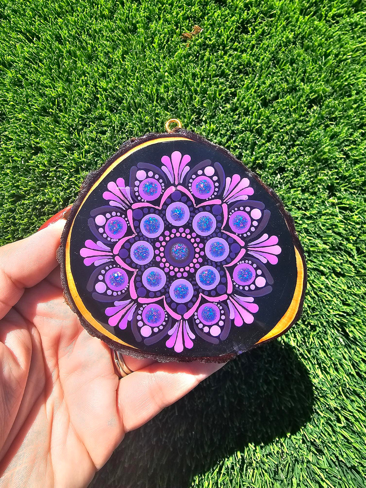 Purple Glitter Dot Mandala Christmas Ornament | Hand-Painted Wood Ornament