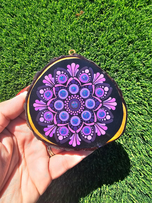 Purple Glitter Dot Mandala Christmas Ornament | Hand-Painted Wood Ornament