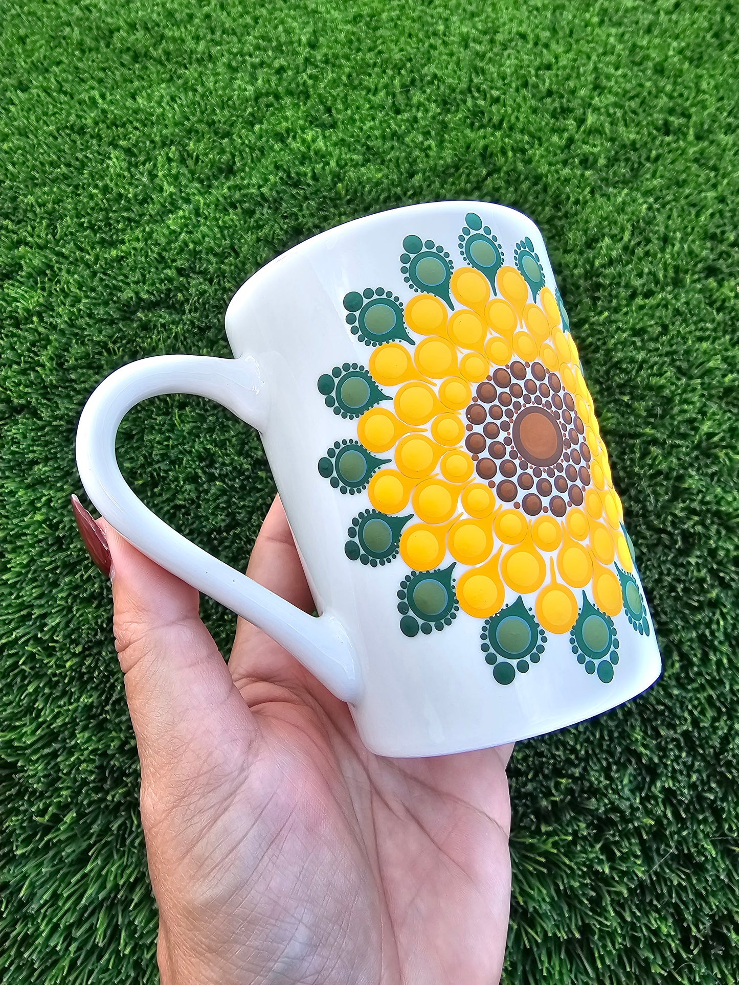 Hand-Painted Sunflower Dot Mandala Mug