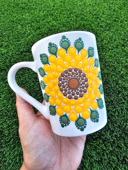 Hand-Painted Sunflower Dot Mandala Mug