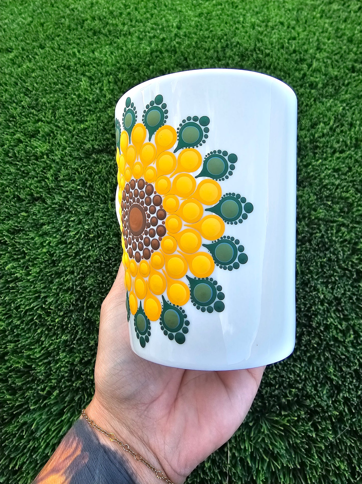 Hand-Painted Sunflower Dot Mandala Mug