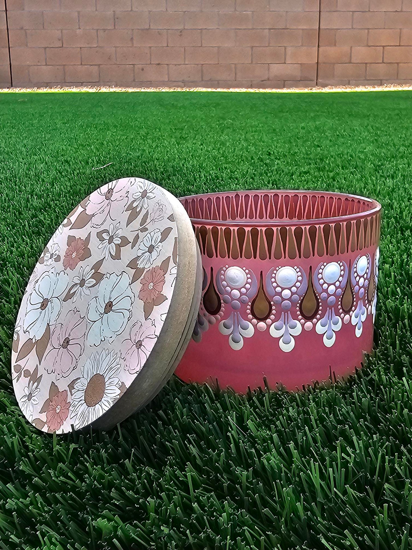 Hand Painted Upcycled Dot Mandala Stash Jar with Soft Autumn Floral Lid