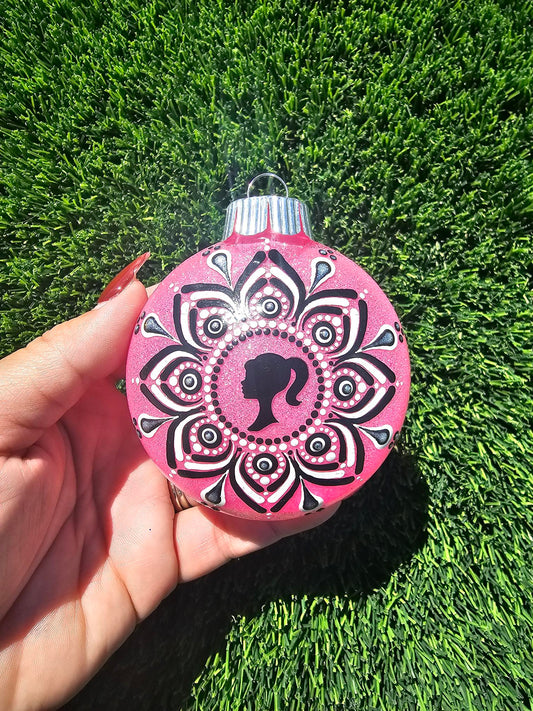 Vintage Barbie Pink Glitter Christmas Ornament | Hand-Painted Black White Mandala Bauble | Retro Barbie Holiday Decor