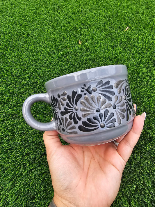 Hand Painted Textured Ceramic Mug - Black and Grey Shimmer Talavera Design, Low Profile Grey Coffee Cup with Paw Prints