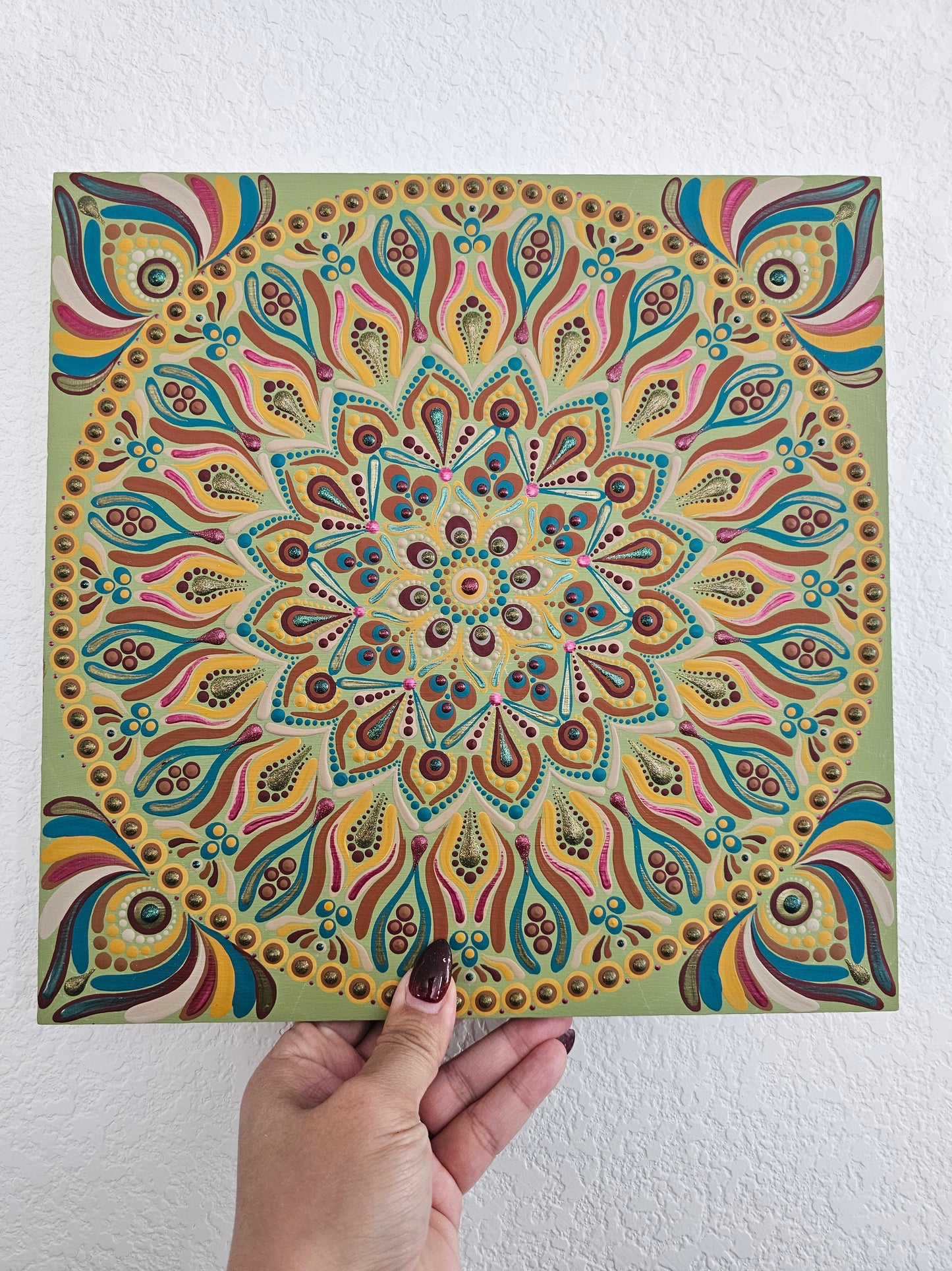12” Hand Painted Mandala Wall Art on Wood | Boho Dot Mandala Decor | Colorful Sacred Geometry | Ready to Hang | One of a Kind Art