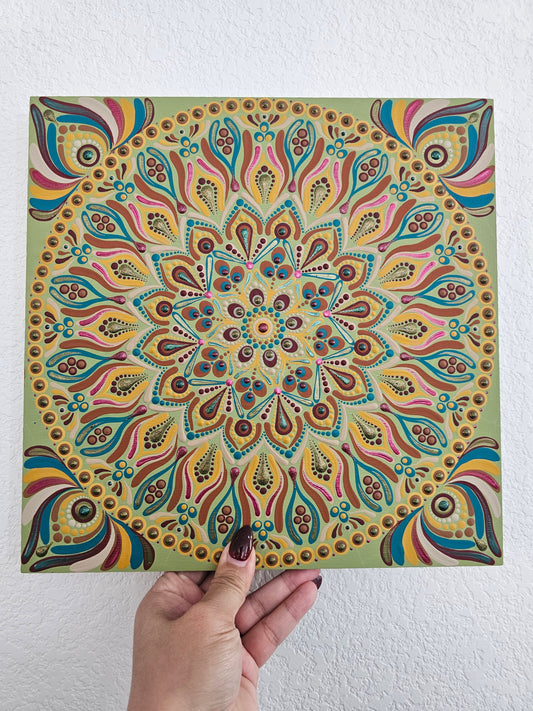 12” Hand Painted Mandala Wall Art on Wood | Boho Dot Mandala Decor | Colorful Sacred Geometry | Ready to Hang | One of a Kind Art