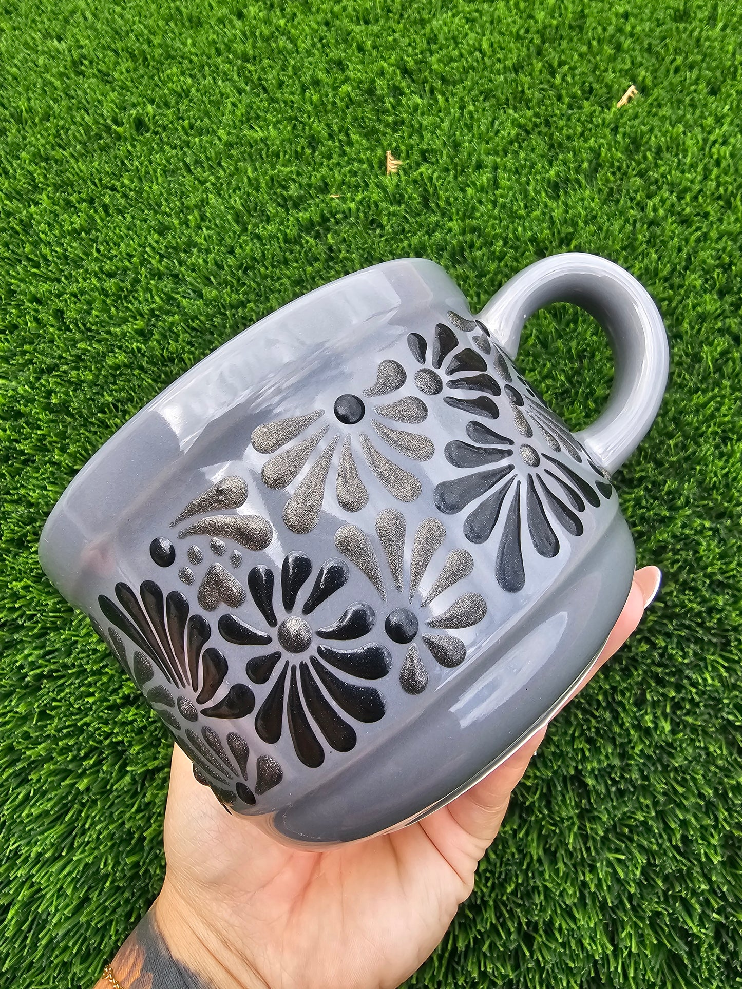 Hand Painted Textured Ceramic Mug - Black and Grey Shimmer Talavera Design, Low Profile Grey Coffee Cup with Paw Prints