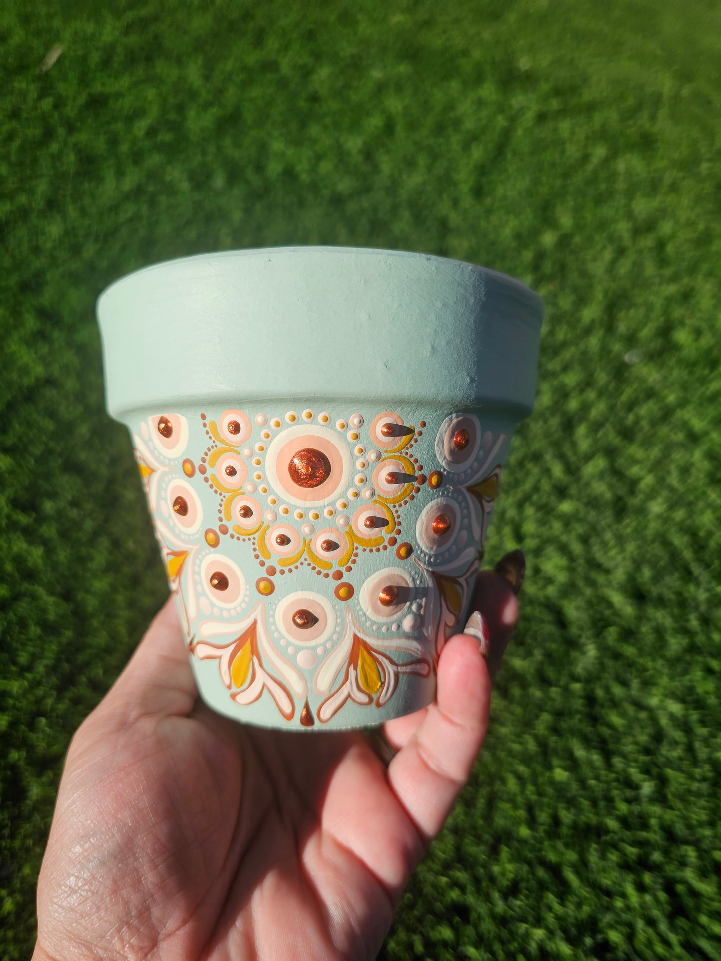 Hand-Painted 4” Mandala Plant Pot | Sea Glass Green with Copper & Gold Accents | Boho Luxe Home Decor