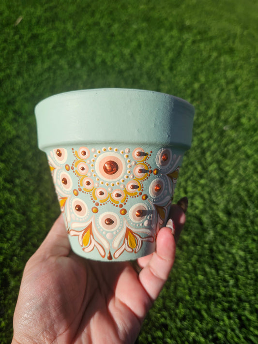 Hand-Painted 4” Mandala Plant Pot | Sea Glass Green with Copper & Gold Accents | Boho Luxe Home Decor