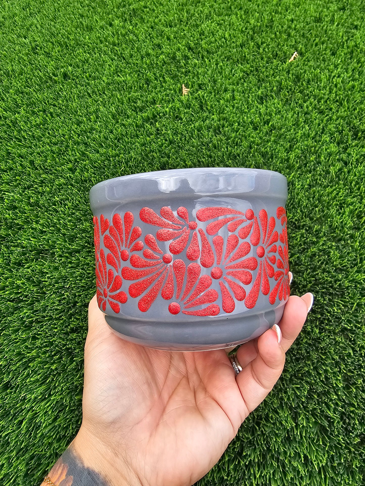 Hand Painted Textured Ceramic Mug - Red Glitter Talavera Design, Grey Low Profile Coffee Cup