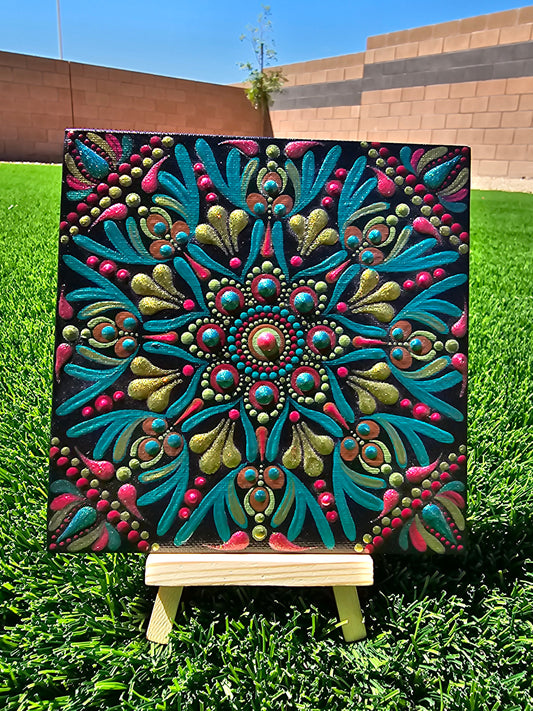 6×6 Hand-Painted Turquoise, Green & Red Dot Mandala Canvas – Original Colorful Mandala Art | Boho & Southwestern Decor