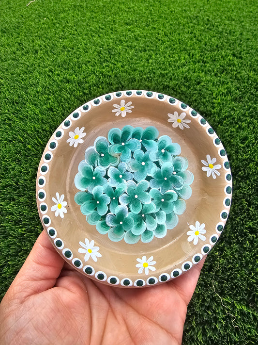 Hand-Painted Terracotta Trinket Dish – Green & White Floral Jewelry Ring Dish, Tan Limewash Dahlia & Daisy Catchall