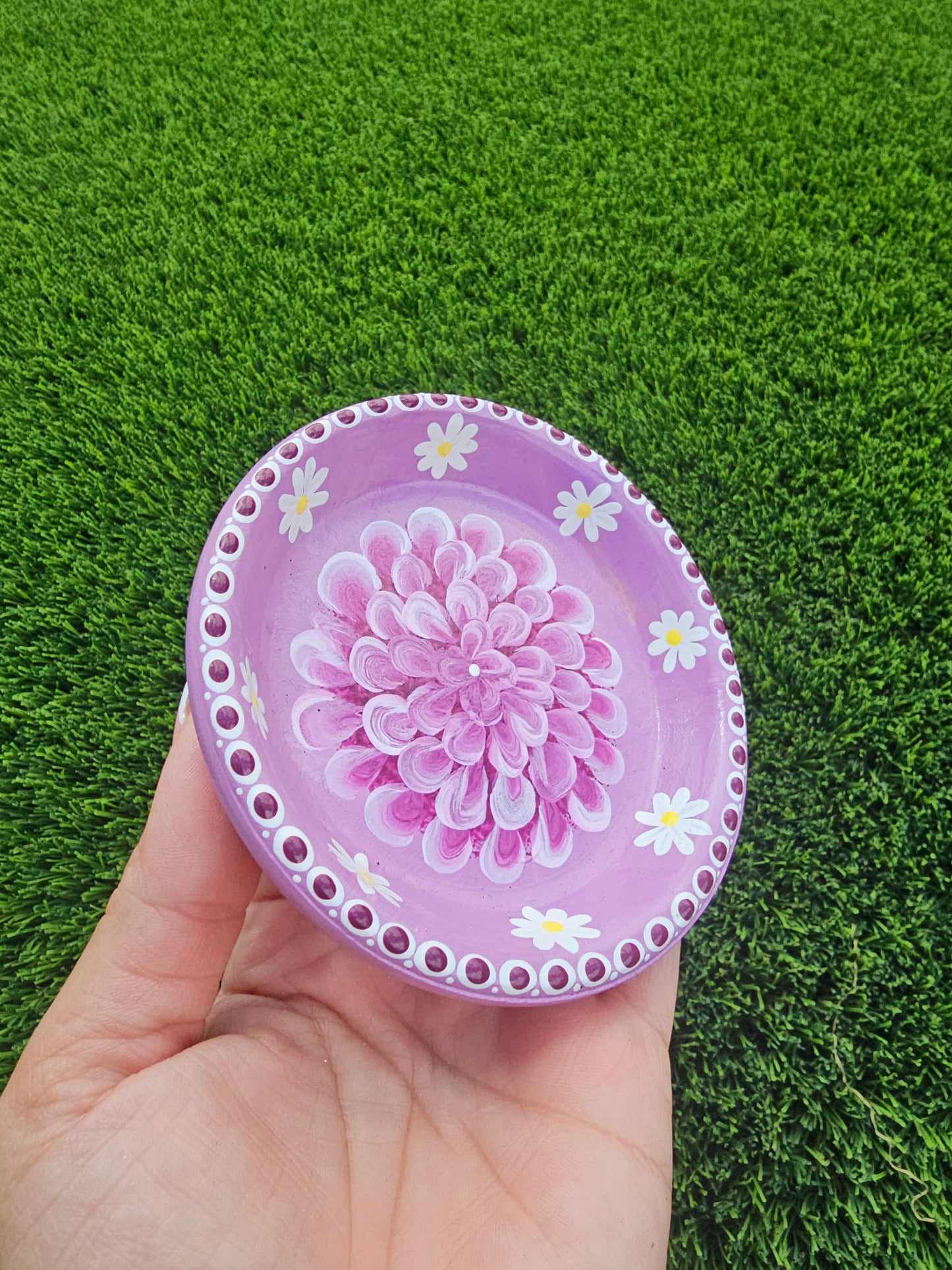 Purple Floral Trinket Dish – Hand Painted Terracotta Jewelry & Ring Dish, Lavender Limewash Dahlia & Daisy Catchall