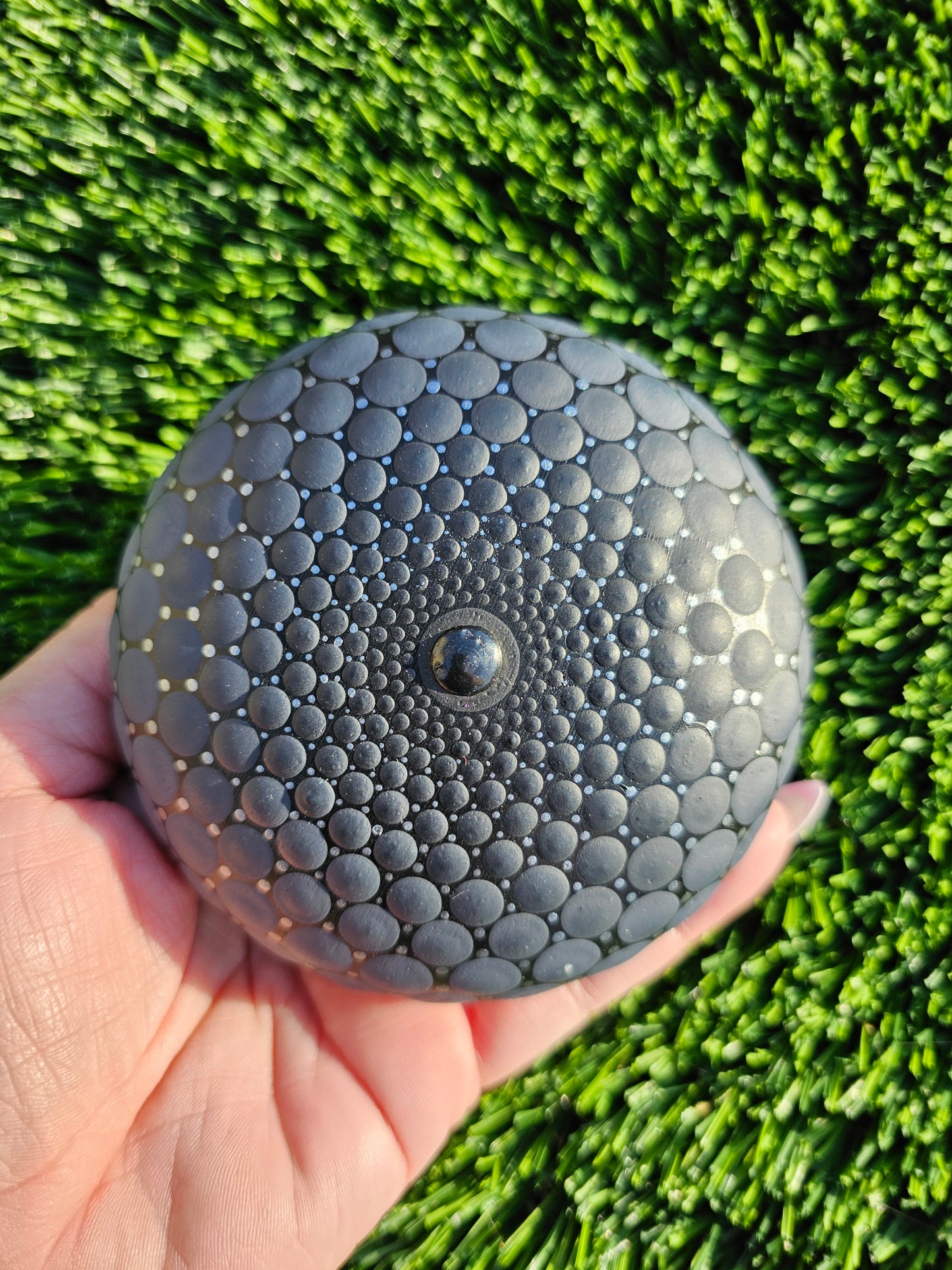 Black & Silver Gradient Dot Mandala Stone – 4-Inch Handpainted 3D Center, Metallic Microdots, Unique Home Decor or Gift for All Unique Mediation Stone