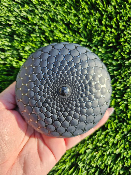 Black & Silver Gradient Dot Mandala Stone – 4-Inch Handpainted 3D Center, Metallic Microdots, Unique Home Decor or Gift for All Unique Mediation Stone