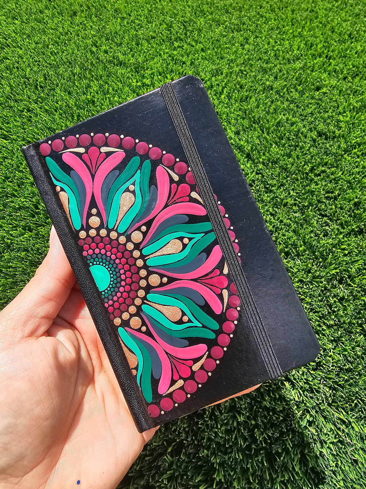 Hand-Painted Mandala Pocket Journal – Deep Purple, Teal & Rose Gold Metallic Art Sketchbook