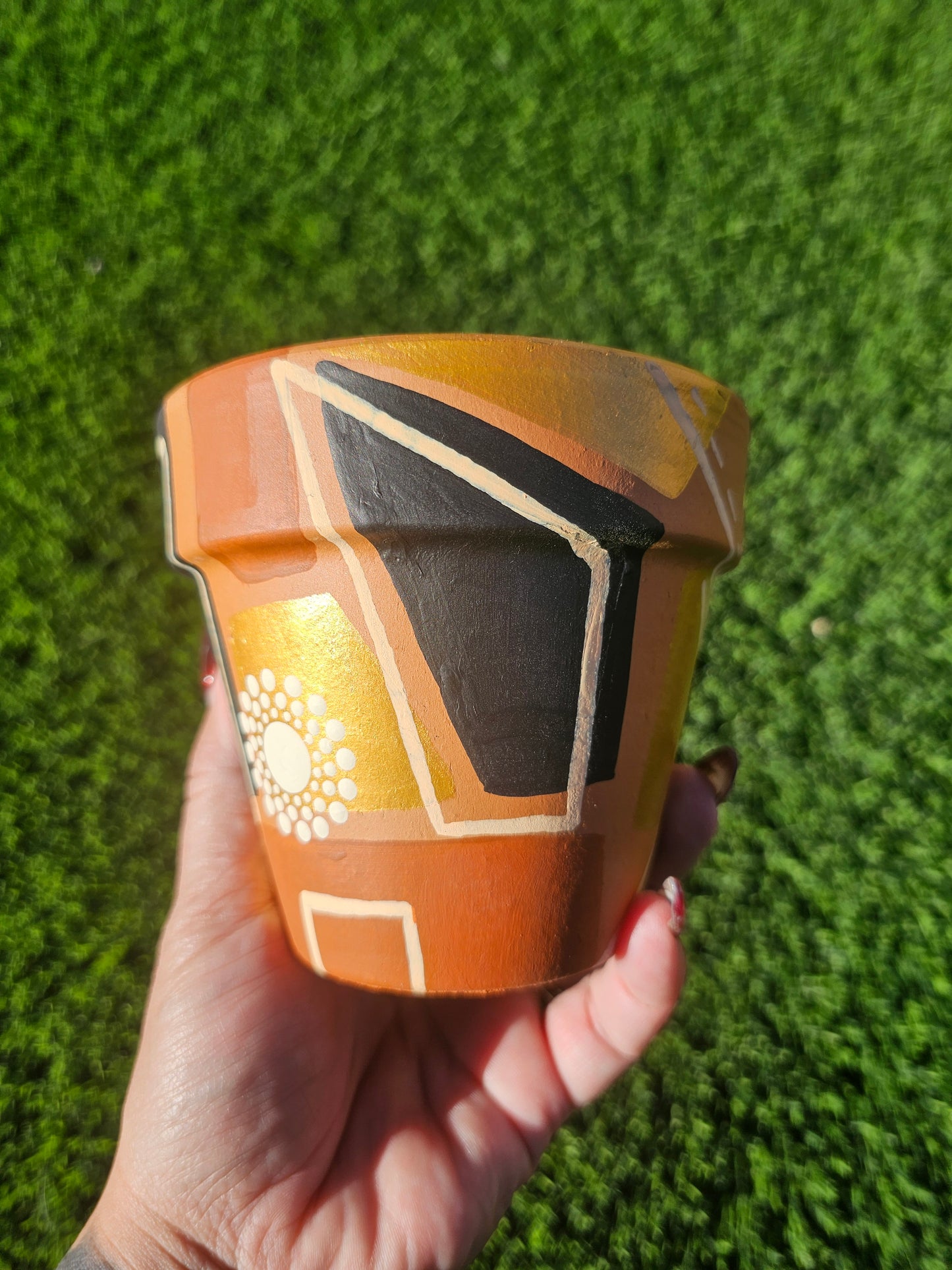 Hand Painted Mandala Plant Pot | Boho Modern Terracotta Planter | Black, Gold & Earth Tone Geometric Dot Art | Unique Indoor Planter Gift
