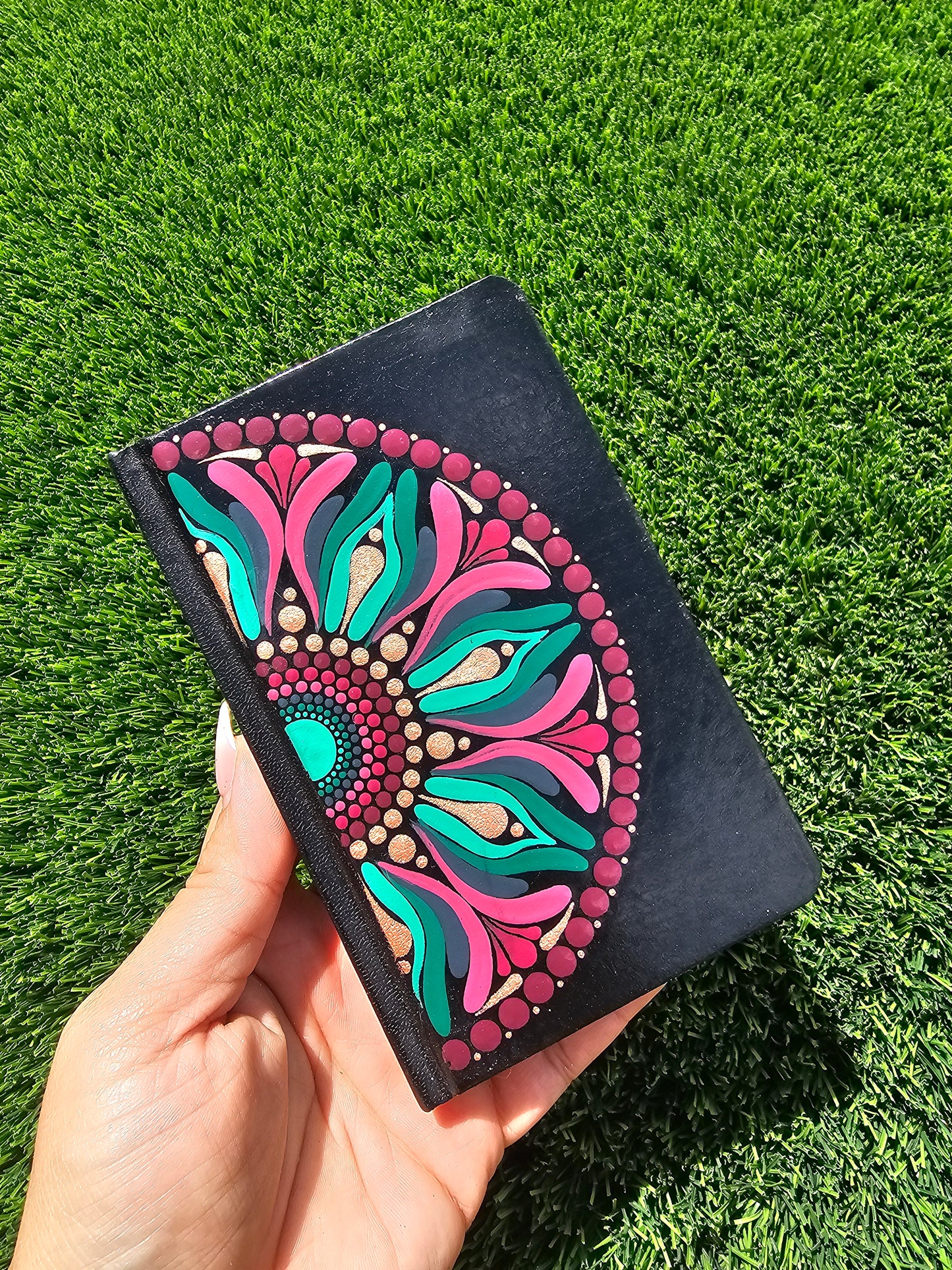Hand-Painted Mandala Pocket Journal – Deep Purple, Teal & Rose Gold Metallic Art Sketchbook