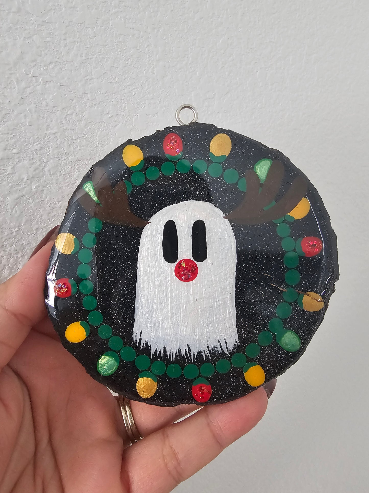 Ghost Buddy Reindeer Resin Christmas Ornament – Hand-Painted Holiday Ghost Decor
