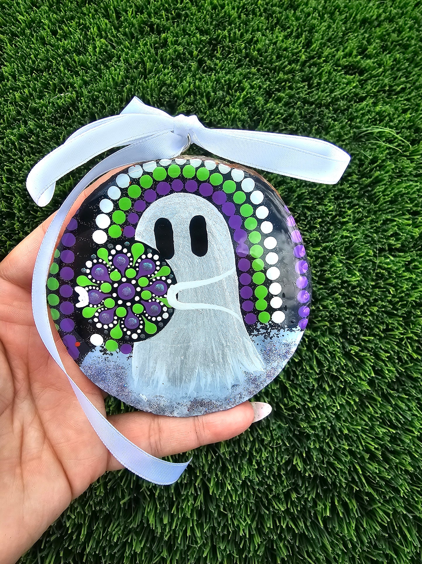 Ghost Buddy’s Boo-tiful Mandala Resin Ornament Natural Wood