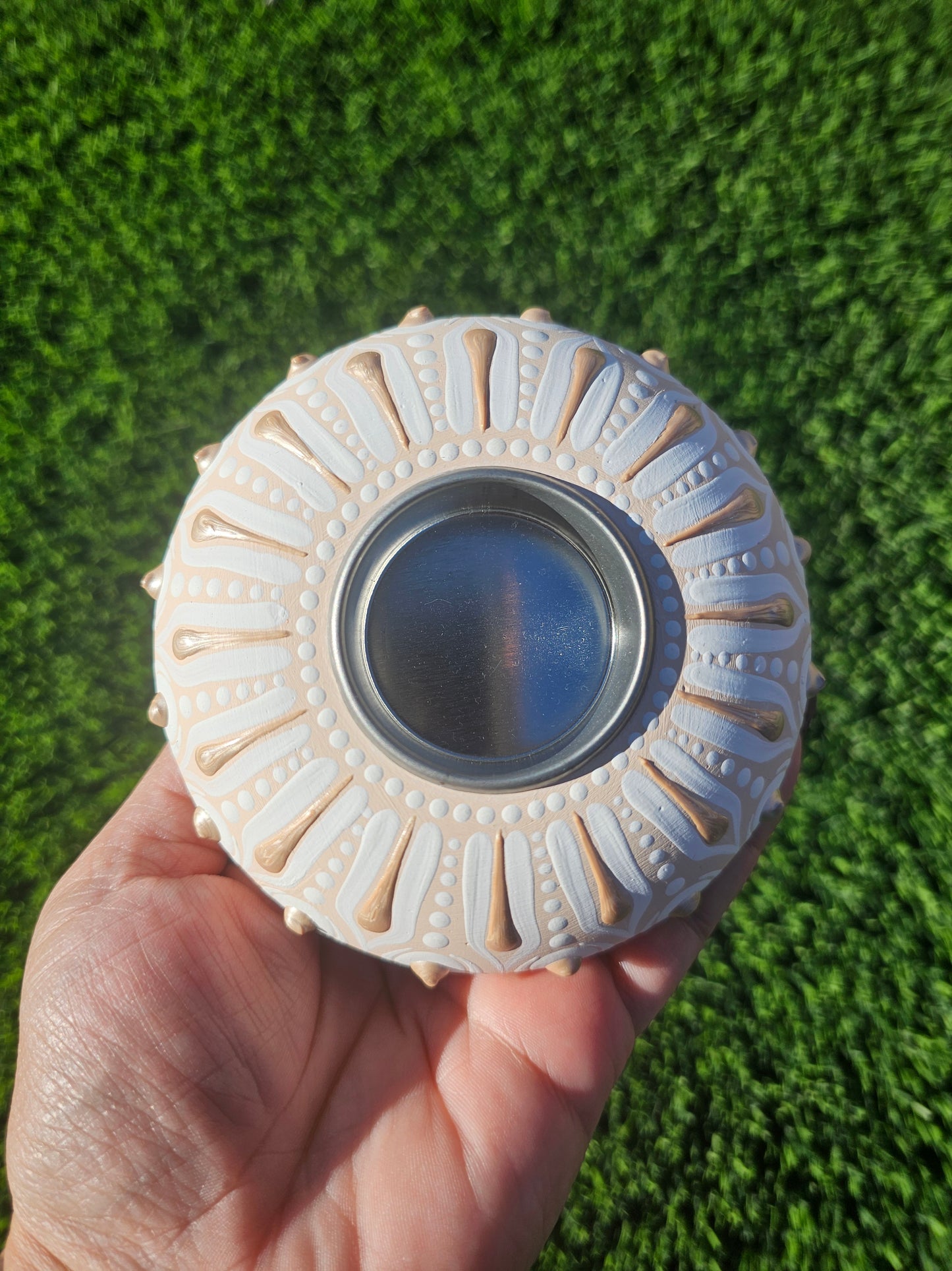 Handmade Neutral Textured Tea Light Candle Holder | Hand-Plastered & Hand-Painted Stone Decor | Minimalist Home Accent