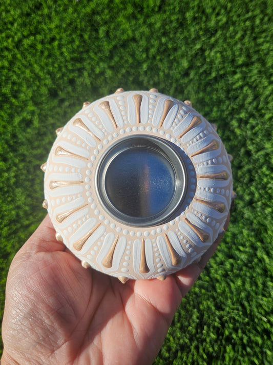 Handmade Neutral Textured Tea Light Candle Holder | Hand-Plastered & Hand-Painted Stone Decor | Minimalist Home Accent