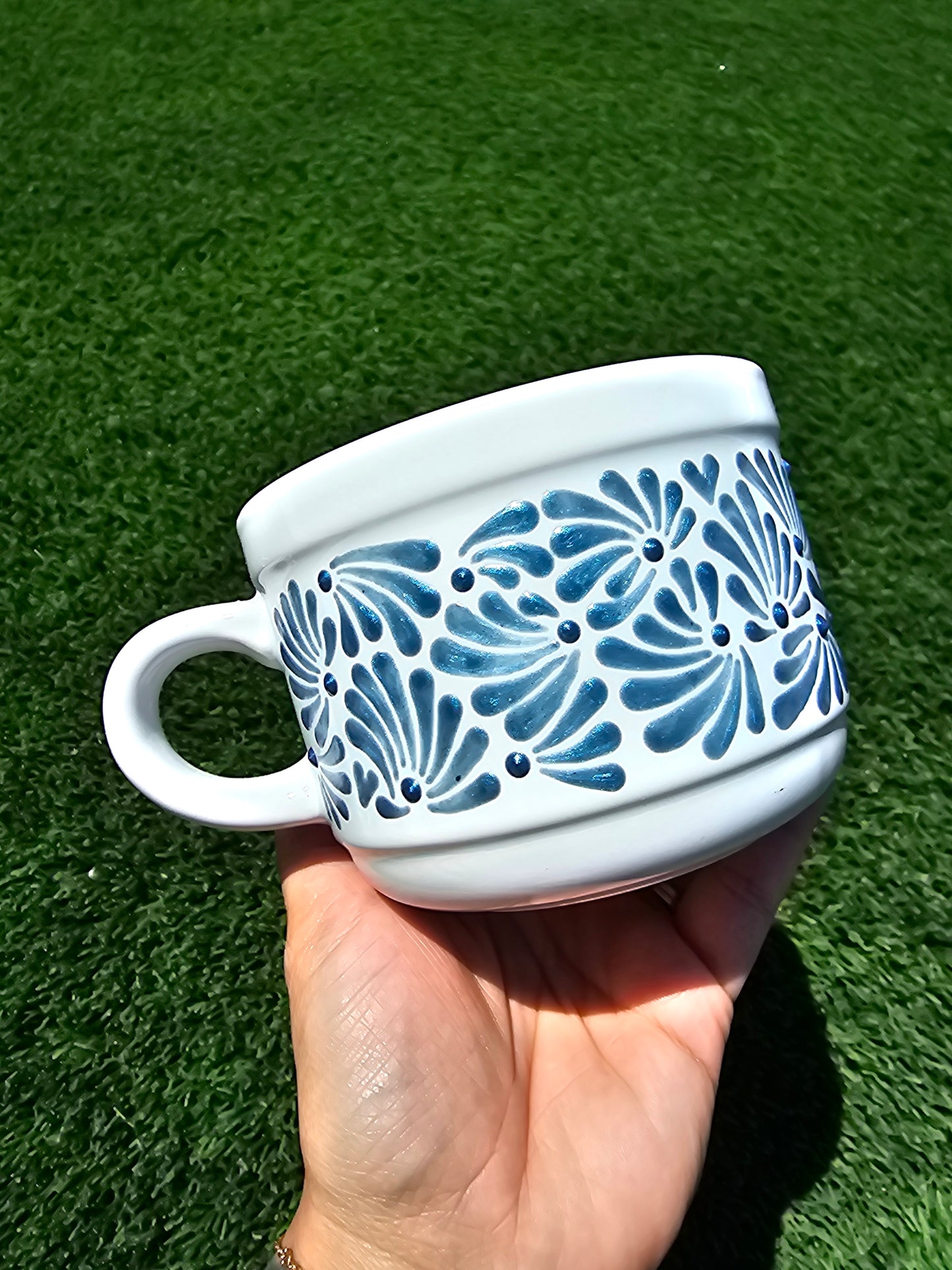 Hand Painted Textured Ceramic Mug - Blue Shimmer Floral Design, Low Profile Coffee Cup