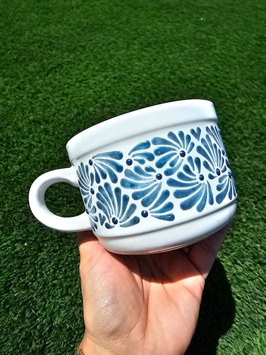 Hand Painted Textured Ceramic Mug - Blue Shimmer Floral Design, Low Profile Coffee Cup
