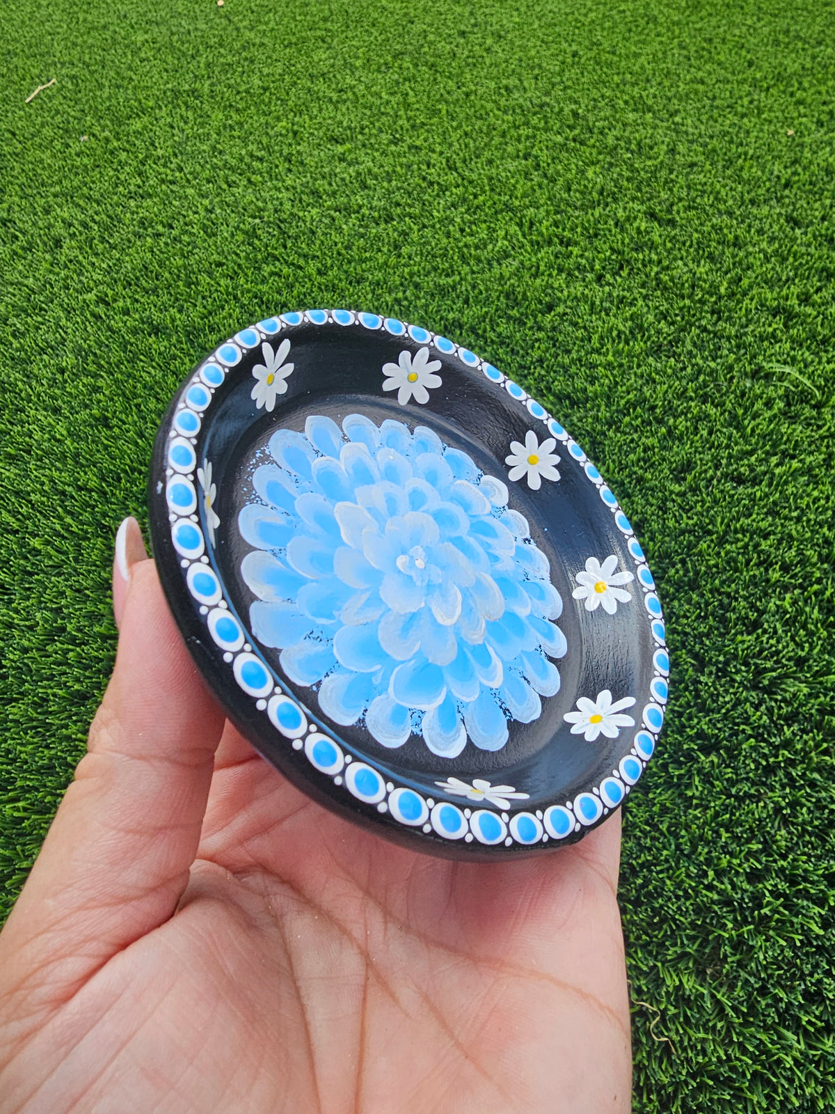Blue Flower Trinket Dish with Daisies - Hand Painted Terracotta Jewelry & Ring Dish, Lavender Limewash Dahlia & Daisy Catchall