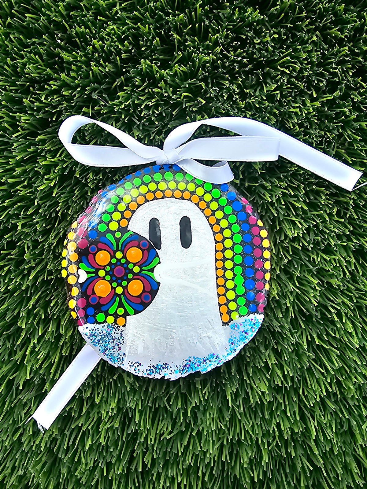 Ghost Buddy’s Psychedelic Dot Mandala Resin Ornament Natural Wood Slice