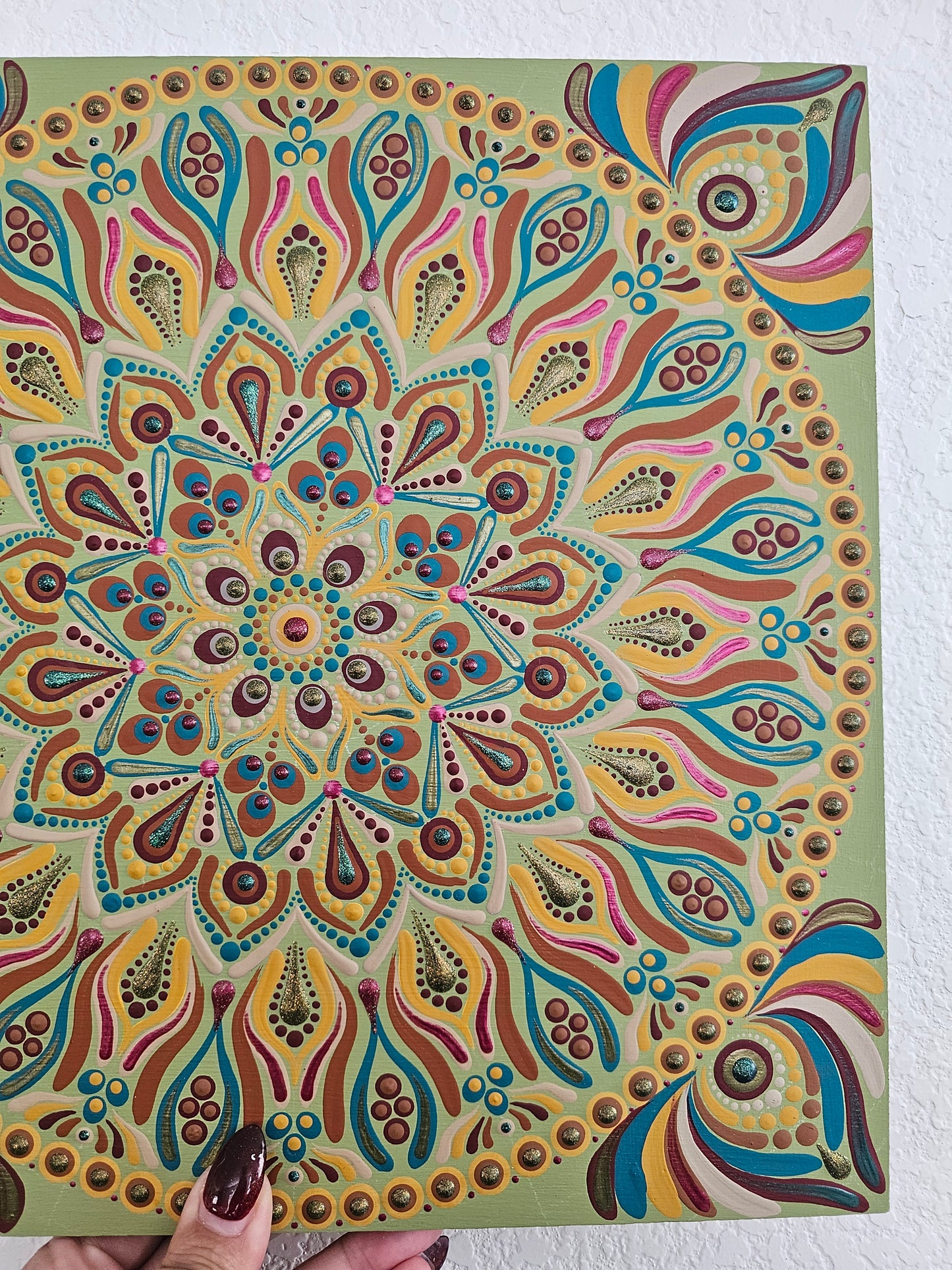 12” Hand Painted Mandala Wall Art on Wood | Boho Dot Mandala Decor | Colorful Sacred Geometry | Ready to Hang | One of a Kind Art