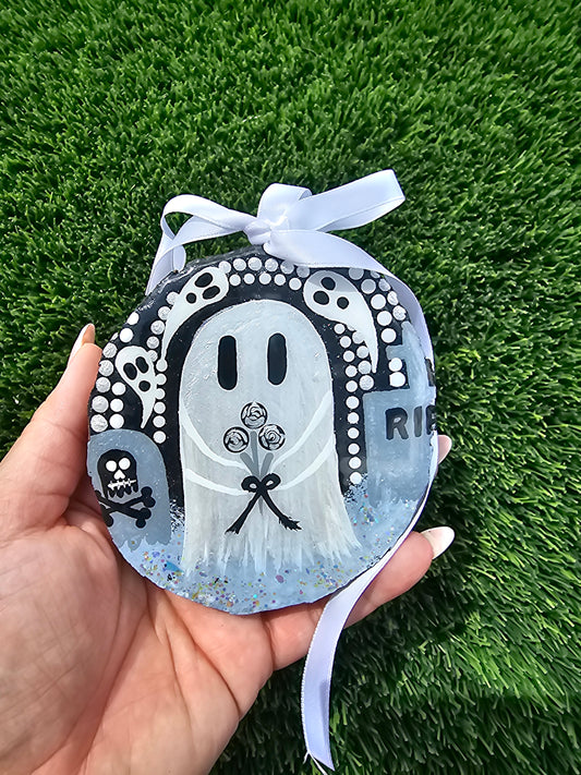 Ghost Buddy Family Reunion Resin Ornament Natural Wood Slice