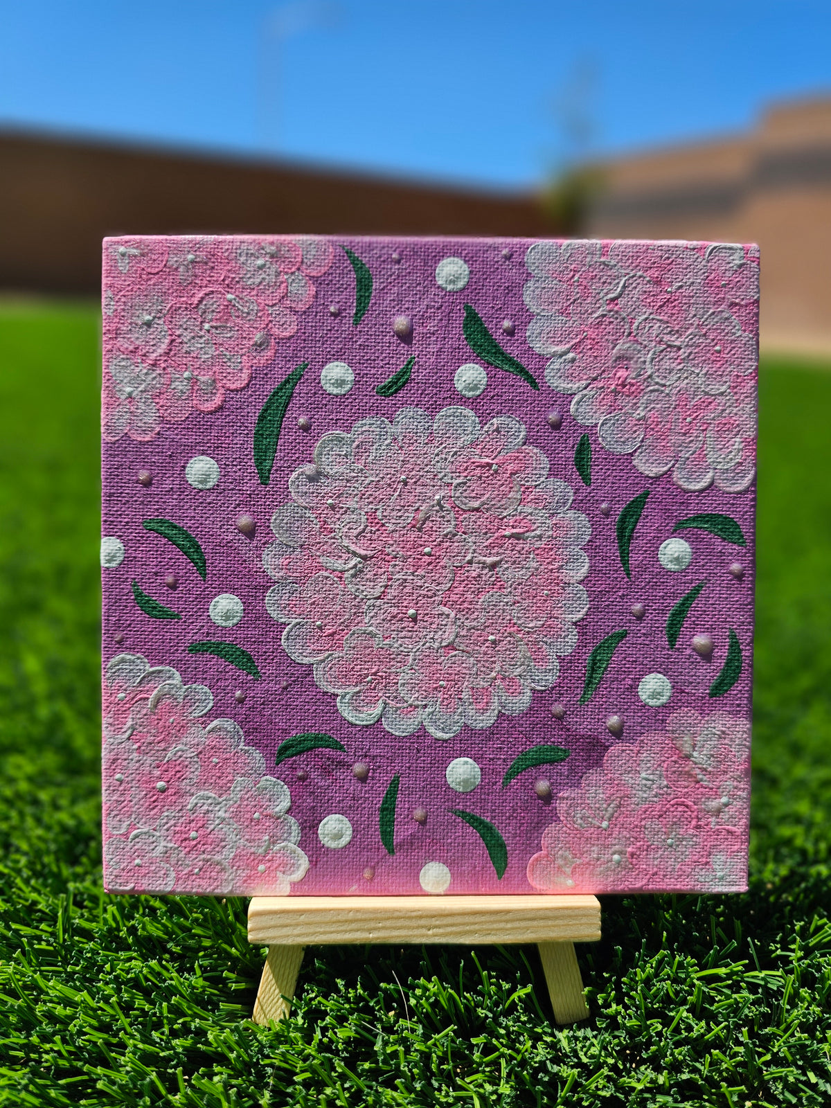Hand-Painted Hydrangea Floral Art – 6×6" Canvas with Easel