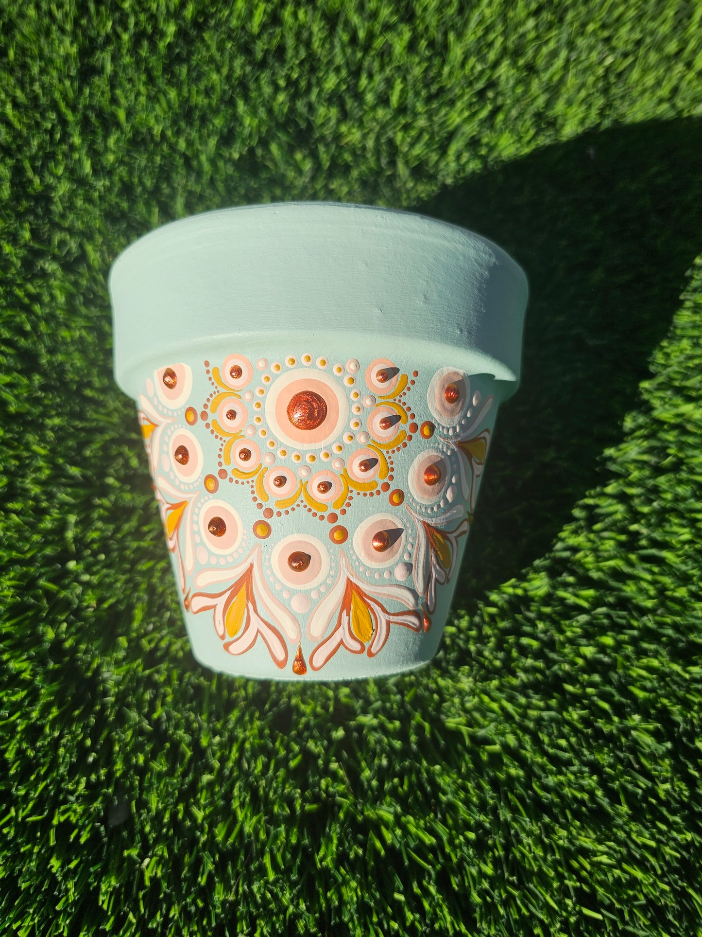 Hand-Painted 4” Mandala Plant Pot | Sea Glass Green with Copper & Gold Accents | Boho Luxe Home Decor