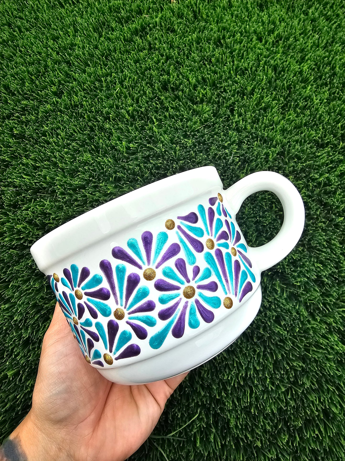 Hand Painted Textured Ceramic Mug - Teal, Purple, and Gold Shimmer Talavera Design, Low Profile Coffee Cup
