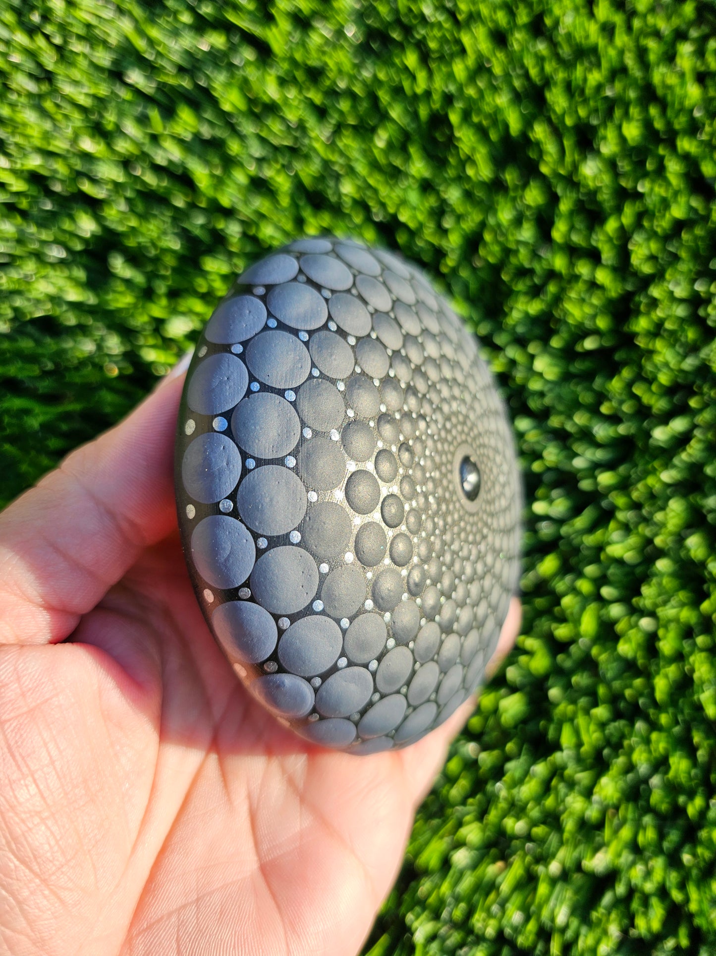 Black & Silver Gradient Dot Mandala Stone – 4-Inch Handpainted 3D Center, Metallic Microdots, Unique Home Decor or Gift for All Unique Mediation Stone